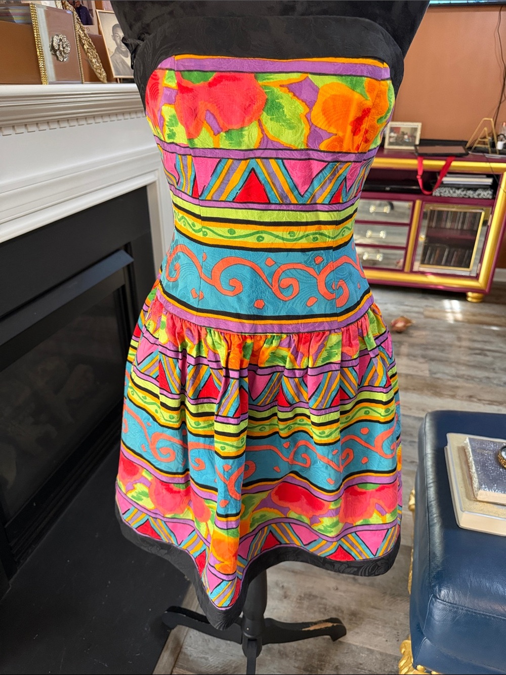 Vintag Vibrant A.J Bari Multicolor Strapless Summer Dress-1980